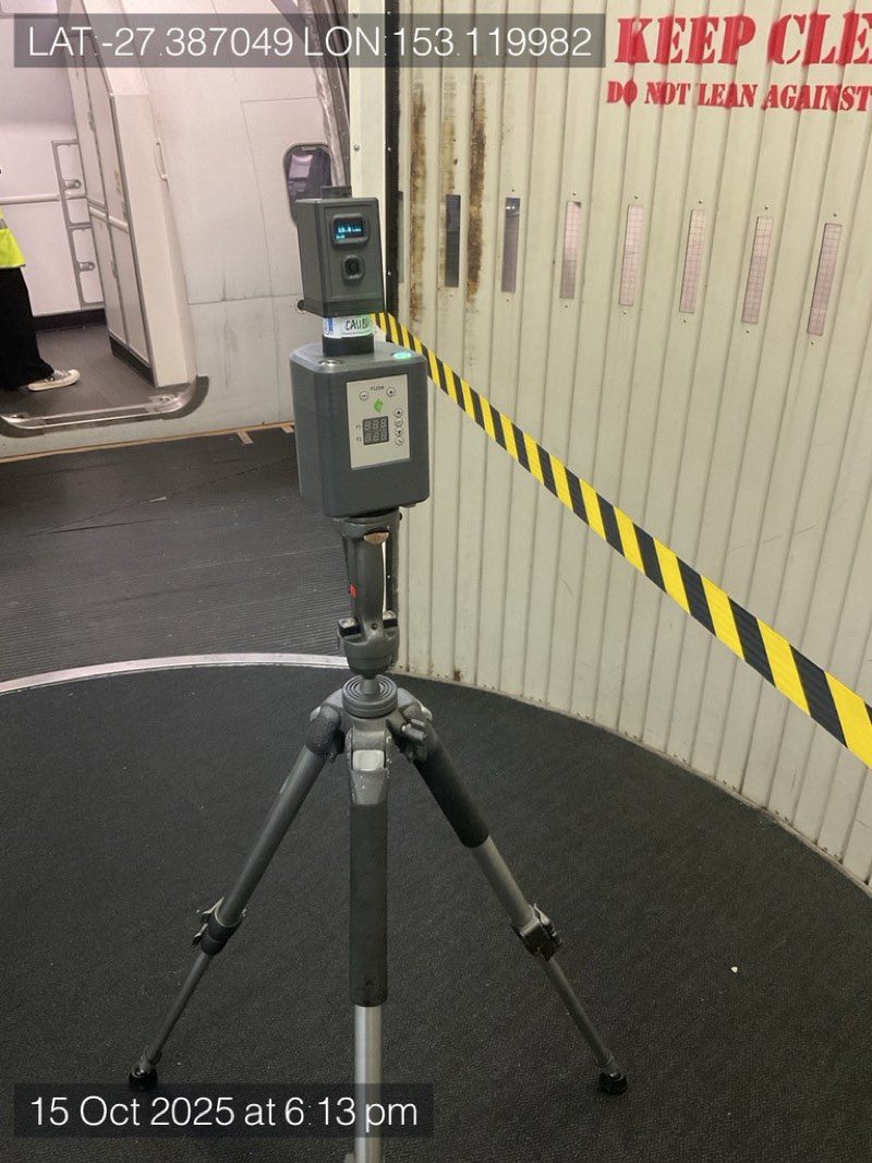 Air sampling pump on a tripod during occupational hygiene monitoring